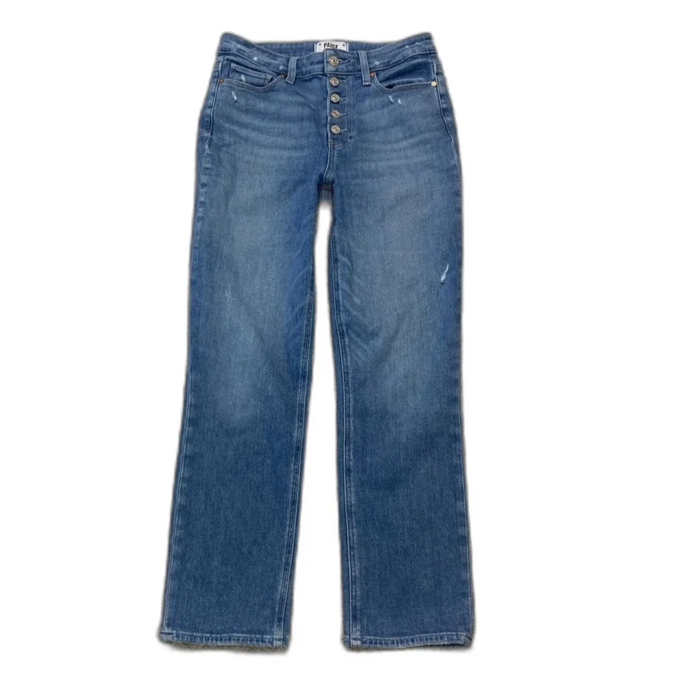Paige Cindy Crop Straight Exposed Button Fly High-Rise Lightly Distressed 27